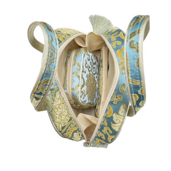 Vtg 60s Baby Blue Gold Chinoiserie Vanity Case 3pc Cosmetic Travel Bag Set - Picture 3 of 10